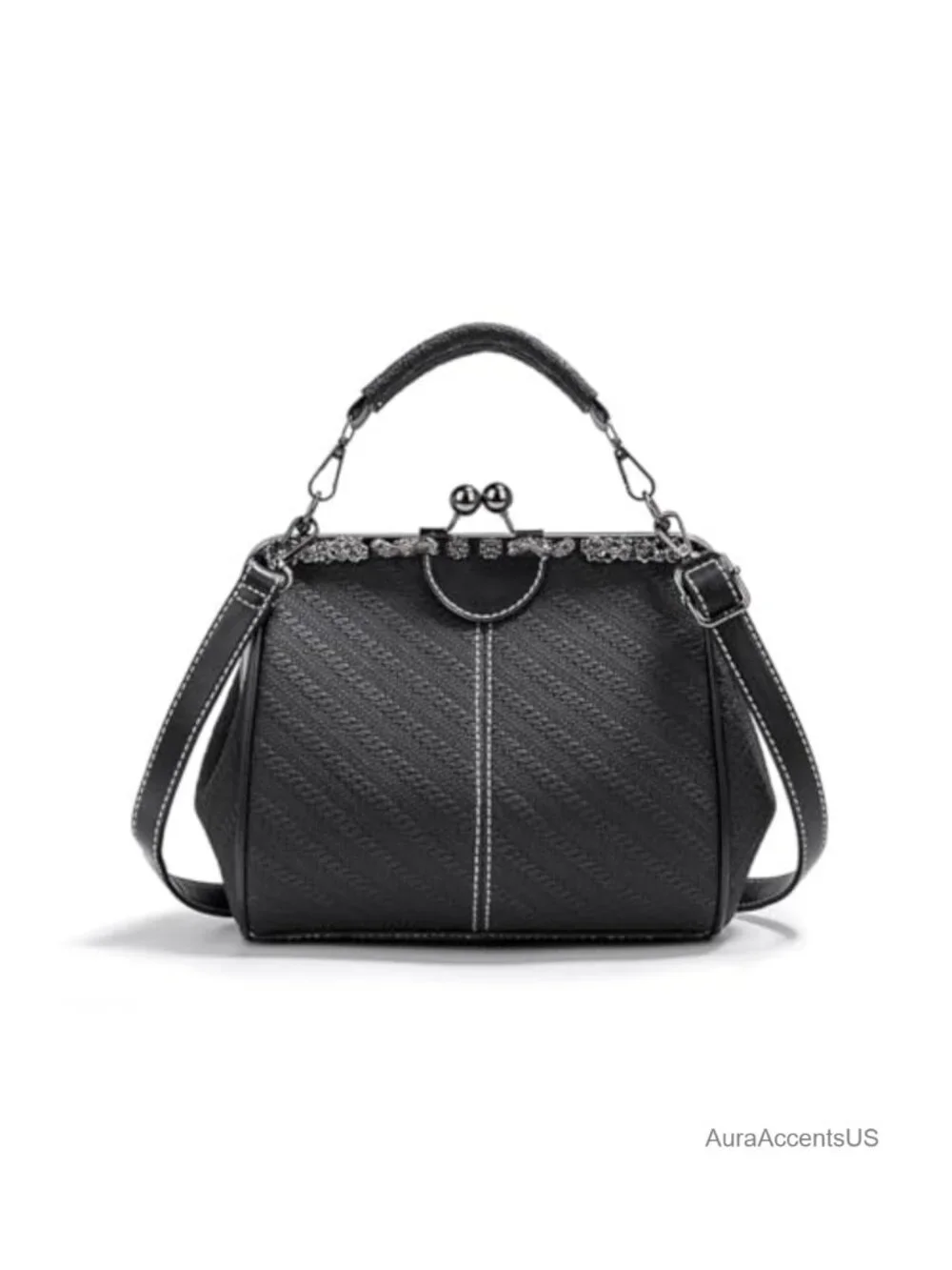 Vintage PU Leather Kiss Lock Crossbody Satchel Purse for Women Retro Hollow
